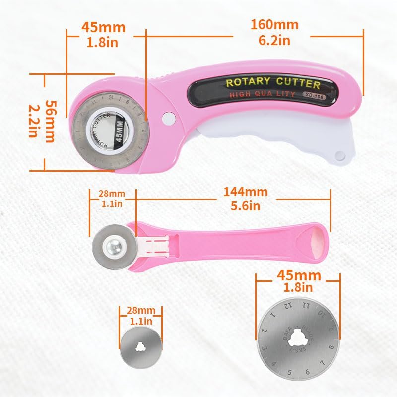 VortecSys Rotary Cutter for Fabric, 45mm and 28mm Rotary Cutters Kit with Extra 10 Blades, Ergonomic Rolling Cutter with Safety Lock, Suitable for Leather, Crafting, Sewing, and Quilting Fabric (Pink) - Image 2